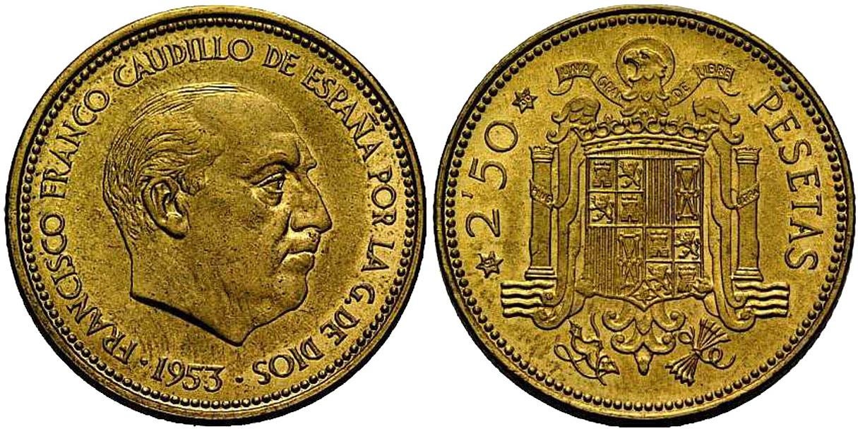 2,5 pesetas de 1953: estas monedas están muy valoradas por su exclusividad, que las hace difíciles de encontrar. Si están en buen estado de conservación pueden llegar a venderse por 1.700 euros.