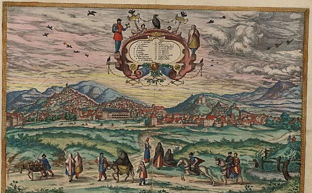 Imagen principal - Arriba, el grabado completo de 1563. Abajo a la izquierda, la leyenda del mapa. A la derecha, las mazmorras junto al Carmen de los Mártires.