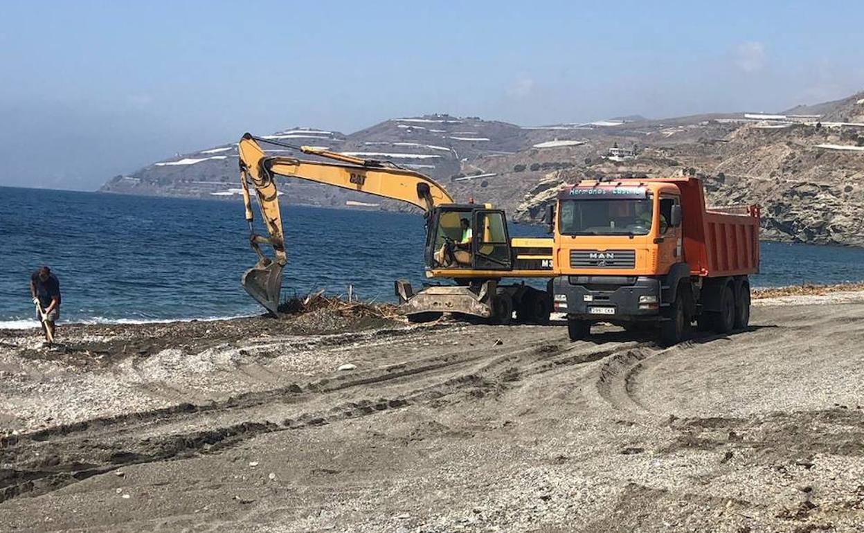 La maquinaria lleva desde esta mañana retirando la suciedad de las playas.