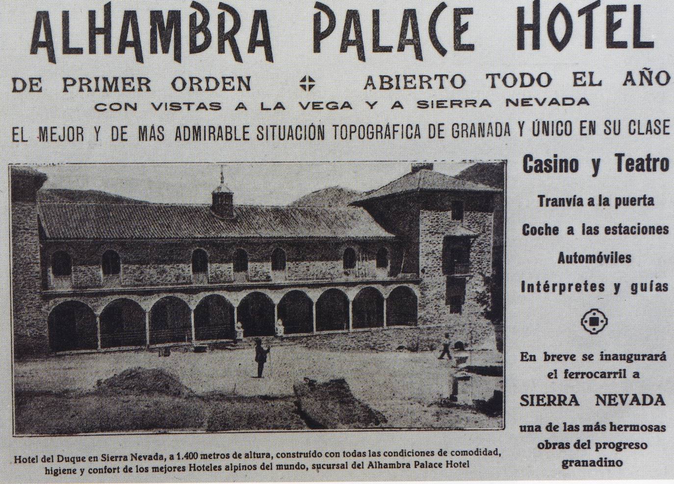 Imagen principal - Publicidad del Hotel Alhambra Palace en la que se anuncia su 'sucursal' de Sierra Nevada y la antigua ruleta que aún se conserva 