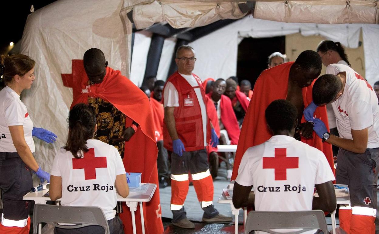 Efectivos de Cruz Roja atendiendo a los migrantes de una patera llegada al puerto hace unos meses.