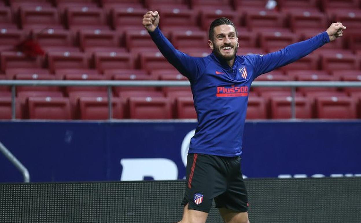 Koke, feliz durante el último entrenamiento del Atlético. 