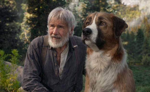 Harrison Ford y el San Bernardo generado por ordenador de 'La llamada de lo salvaje'.