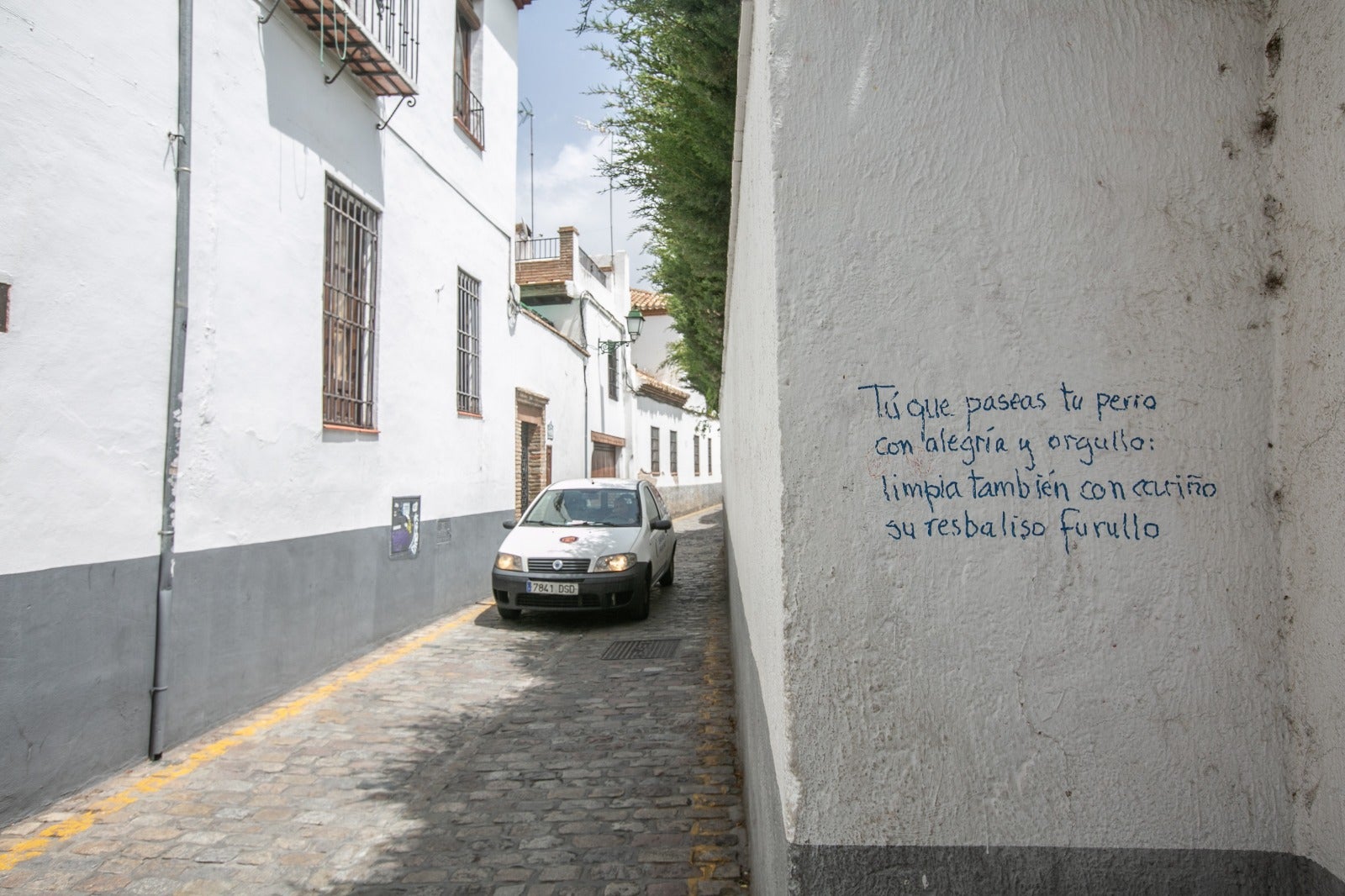 Diferentes poemas en las paredes del barrio recuerdan a los dueños de los canes la importancia de recoger sus heces