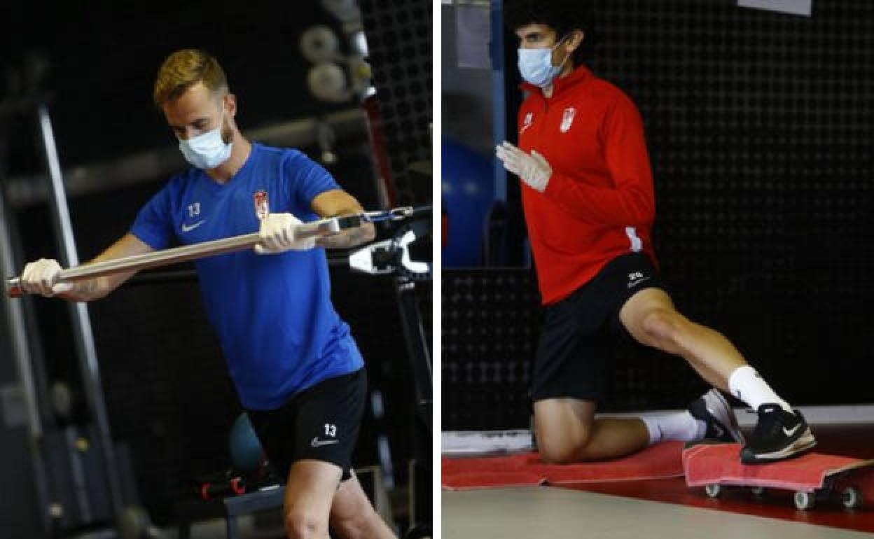 Aarón Escandell y Jesús Vallejo se ejercitan en el gimnasio esta mañana. 