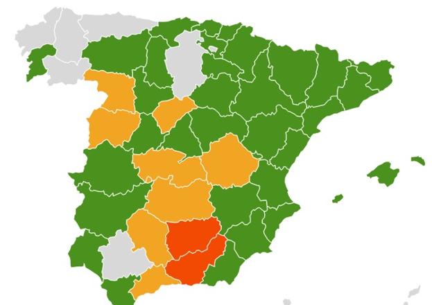 Mapa de nivel de polen del olivo de España.