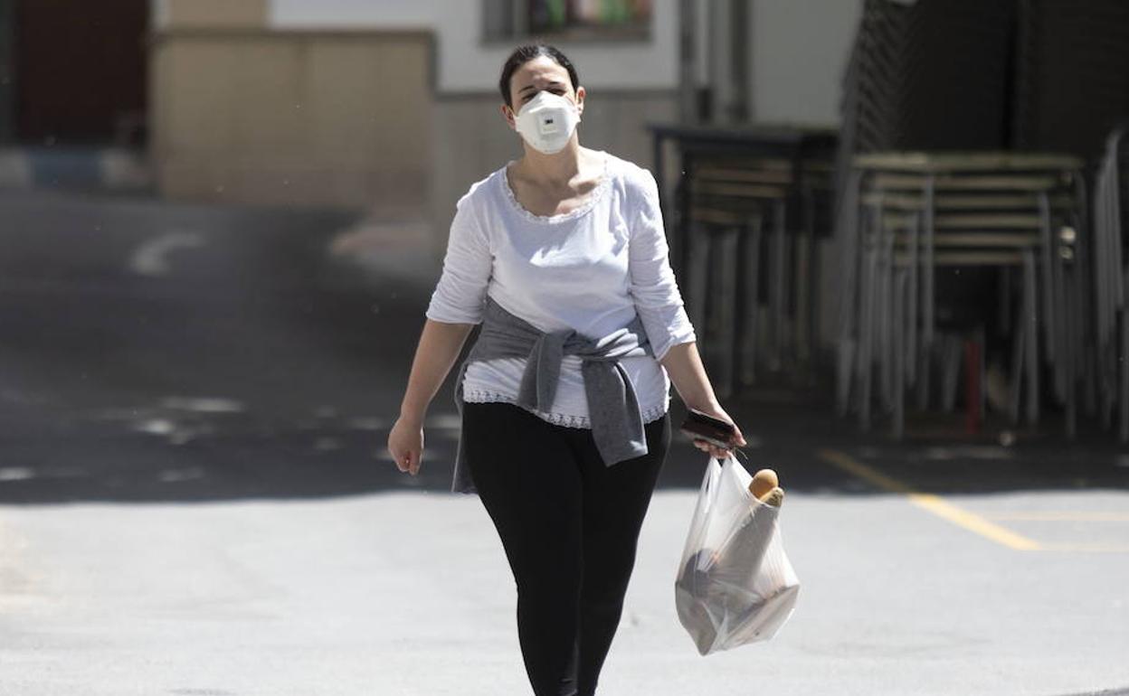 Una mujer, con la bolsa de la compra y una mascarilla protectora. 