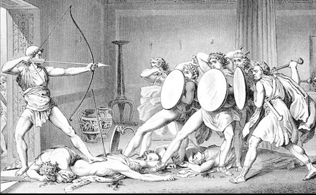 Ilustración de Gustav Schwab sobre la venganza Ulises con los pretendientes de Penélope. 