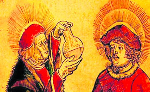 Imagen principal - Arriba, imagen que muestra a un médico medieval examinando una botella de orina. En medio, operación de hemorroides con hierros candentes, una miniatura de la Escuela Médica Salernitana. Abajo, La peste del siglo XIV: localización de bubón, un fresco de la Capilla de San Sebastián, en Lanslevillard (Francia).