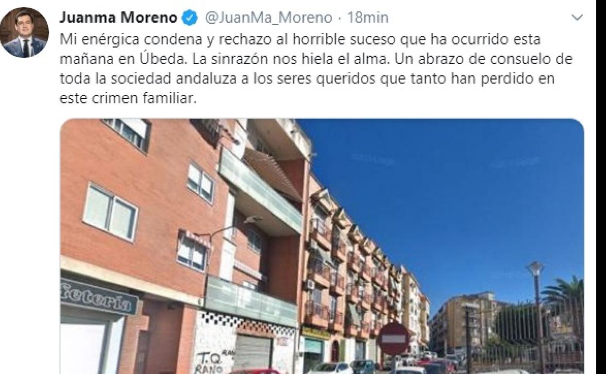 Moreno expresa su «enérgica condena» al «crimen familiar» de Úbeda: «La sinrazón nos hiela el alma»