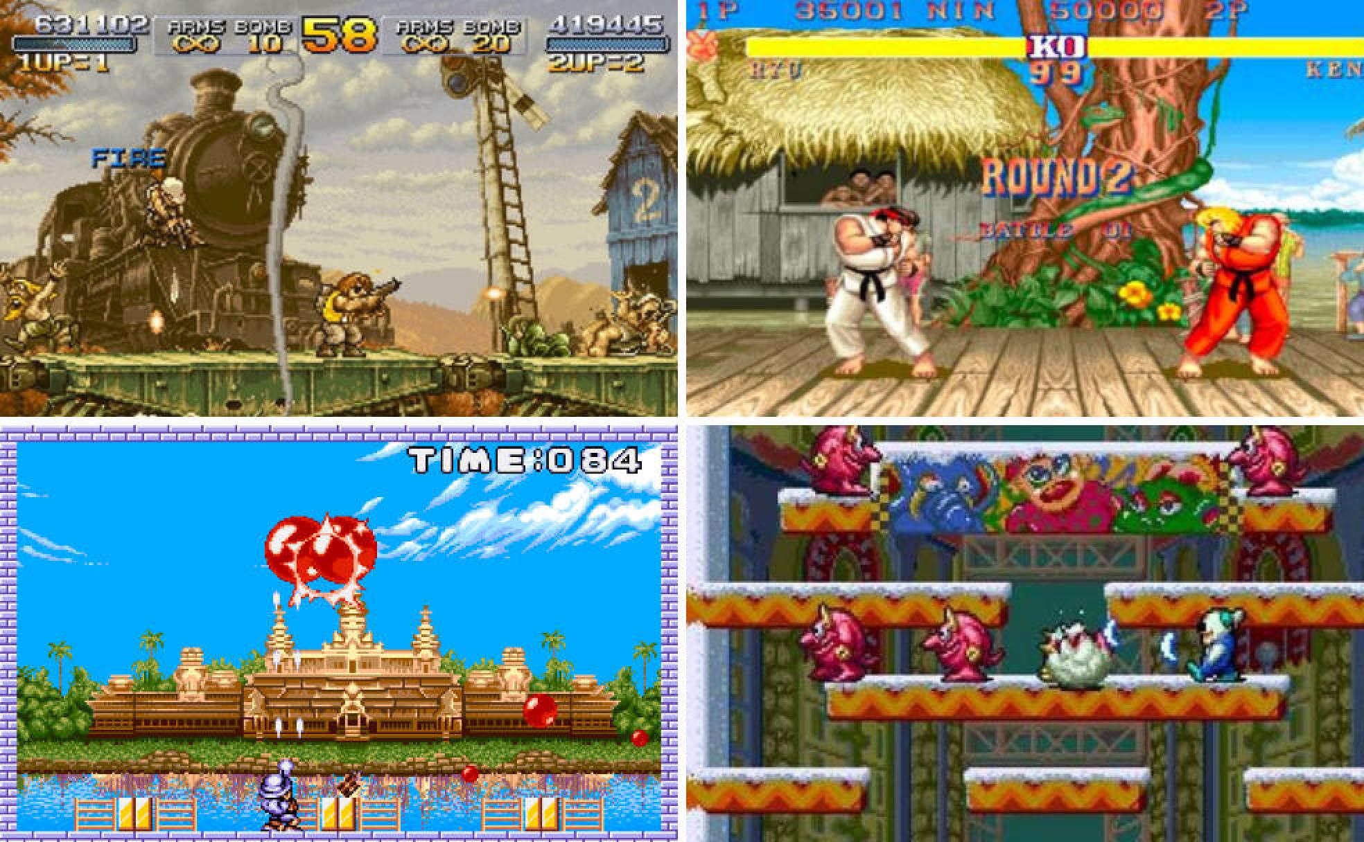 Metal Slug X, Street Fighter II, Pang o Snow Bros, algunos de los títulos clásicos de las recreativas de los 90. 