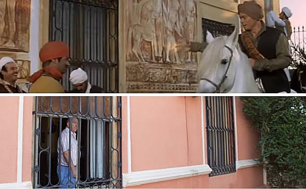 Imagen de la película, con Yul Brynner a caballo, y foto actual de la fachada donde se rodó otra de las escenas.