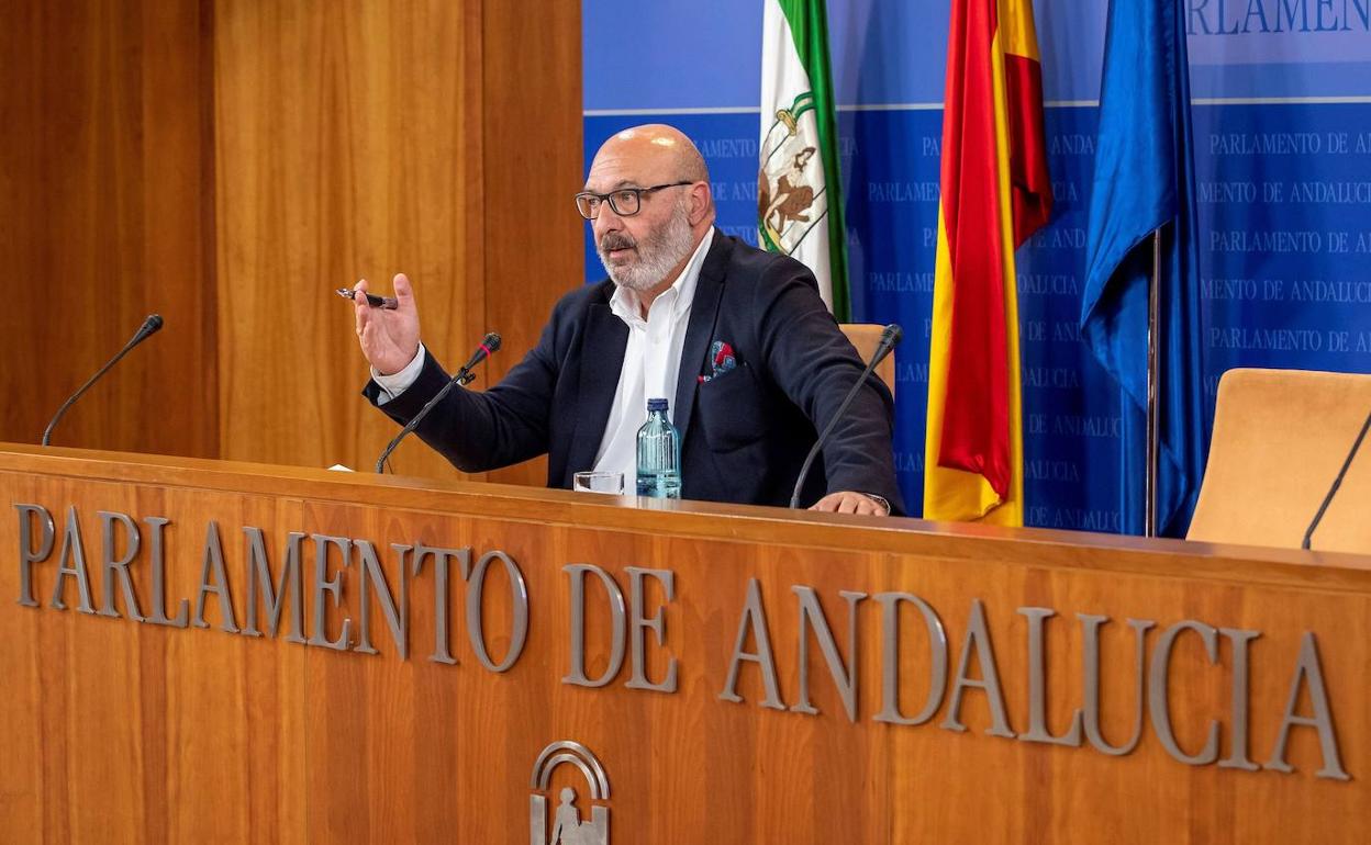 El portavoz parlamentario de Vox en Andalucía, Alejandro Hernández, al comienzo de su comparecencia este jueves en el Parlamento andaluz en Sevilla.