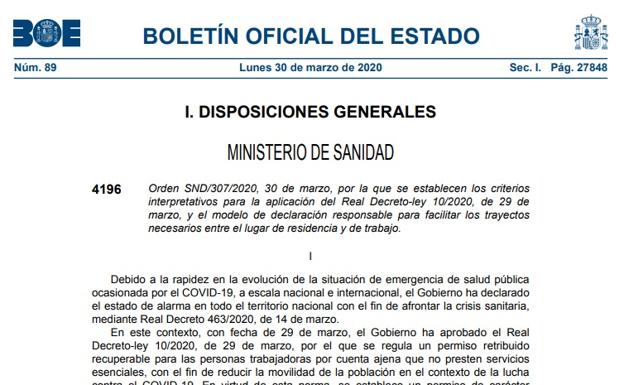 Este es el documento oficial del BOE que debes llevar para poder ir a trabajar en estado de alarma