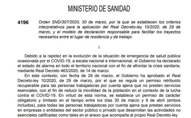 Este es el documento oficial del BOE que debes llevar para poder ir a trabajar en estado de alarma