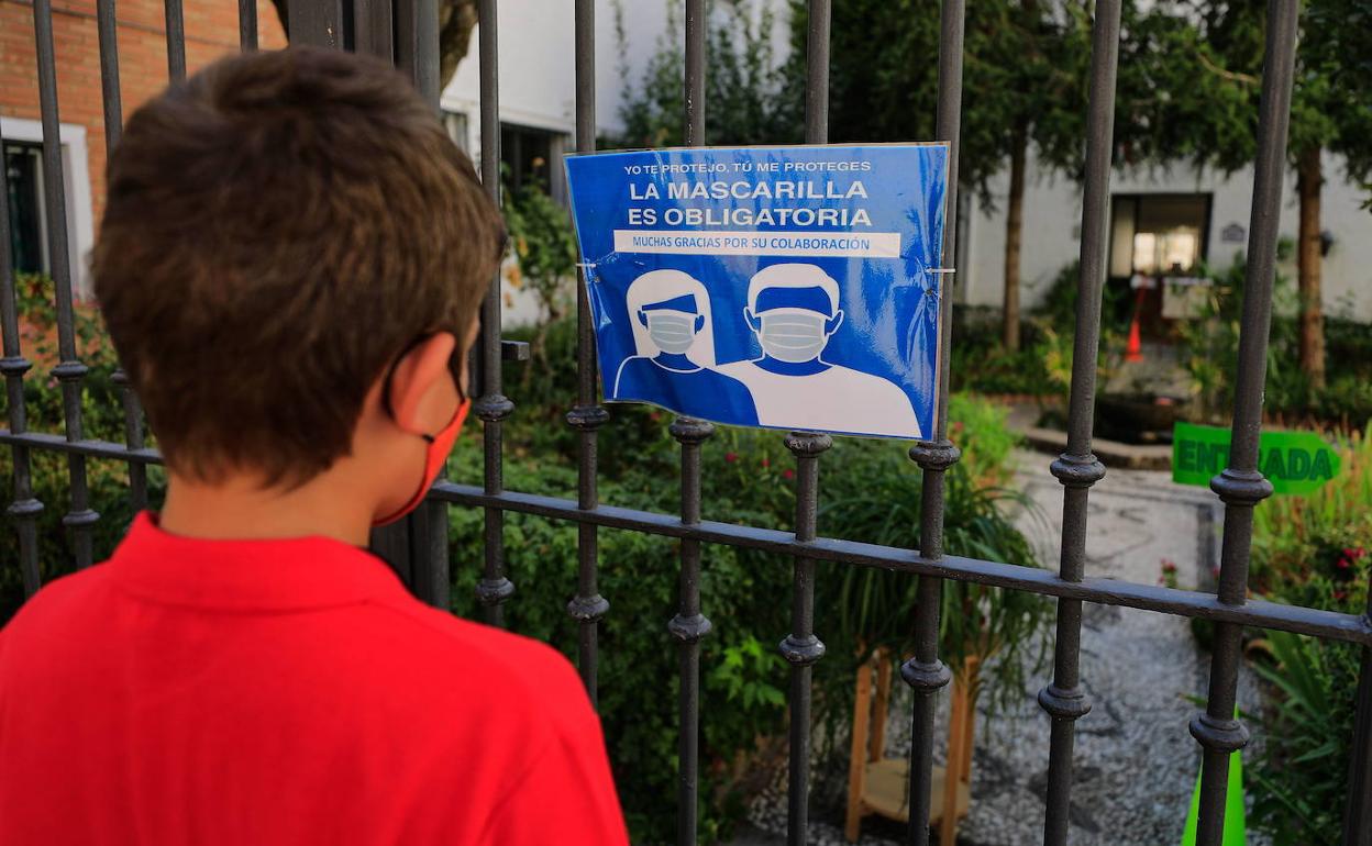 Un alumno del Andrés Segovia se asoma al patio del colegio.