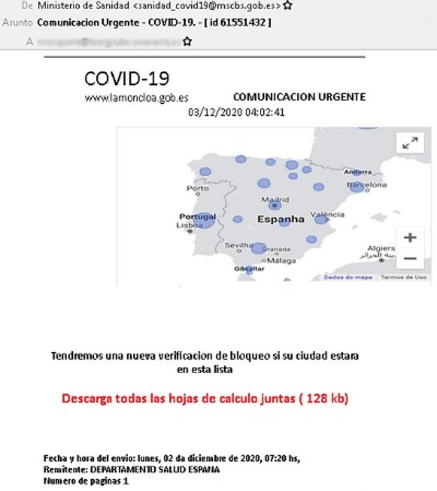 El correo fraudulento que suplanta al Ministerio de Sanidad