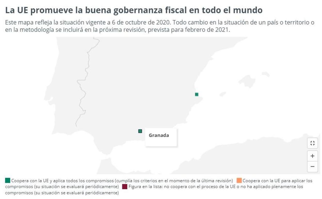 Mapa que sitúa a Granada como un paraíso fiscal que ahora cumple los criterios para salir de la lista.