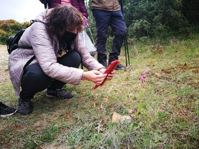 Una mujer que participa en la visita guiada fotografía una orquídea. 