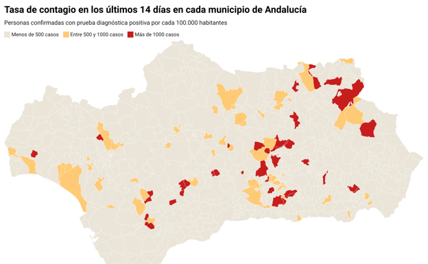 Los 96 municipios andaluces que se aislarán y los 37 que cerrarán bares si no mejoran sus tasas en 24 horas