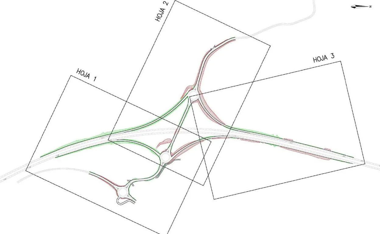 Plano del nuevo acceso Geolit (el parque quedaría a la izquierda de la imagen) y enlace a la variante de Mengíbar (arriba). 