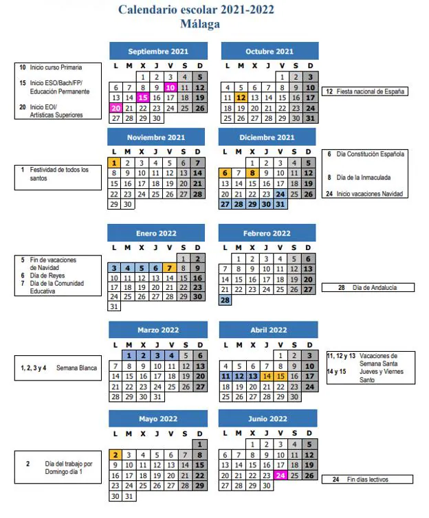 Calendario escolar 2021-22 de Málaga.