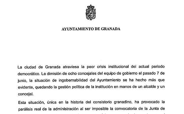 El texto de la moción de censura a Luis Salvador que plantea el PSOE de Granada