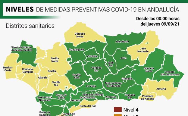 Mapa de la región con los diferentes niveles de alerta sanitaria por distritos.