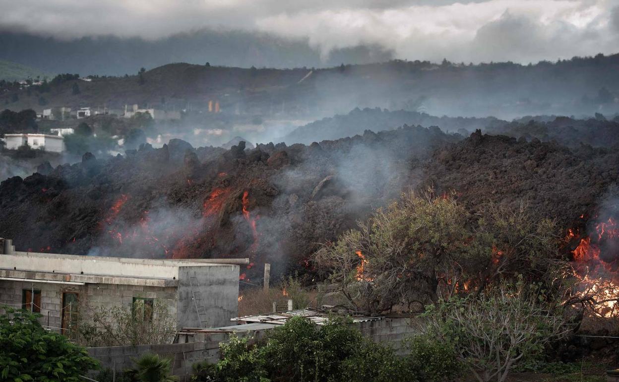 El frente de lava del volcán de La Palma devora a su paso las edificaciones. 