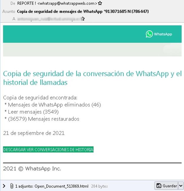 El correo electrónico que suplanta a WhatsApp