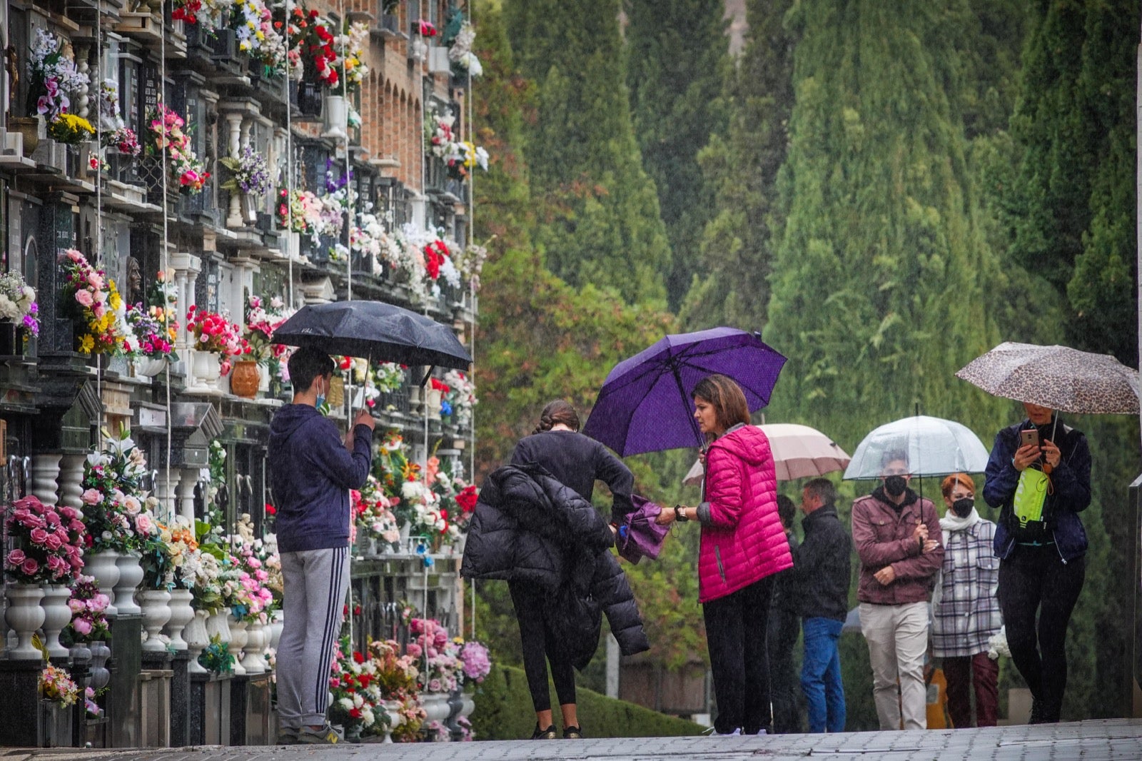 Los granadinos acuden al cementerio con flores en el día de Todos los Santos.