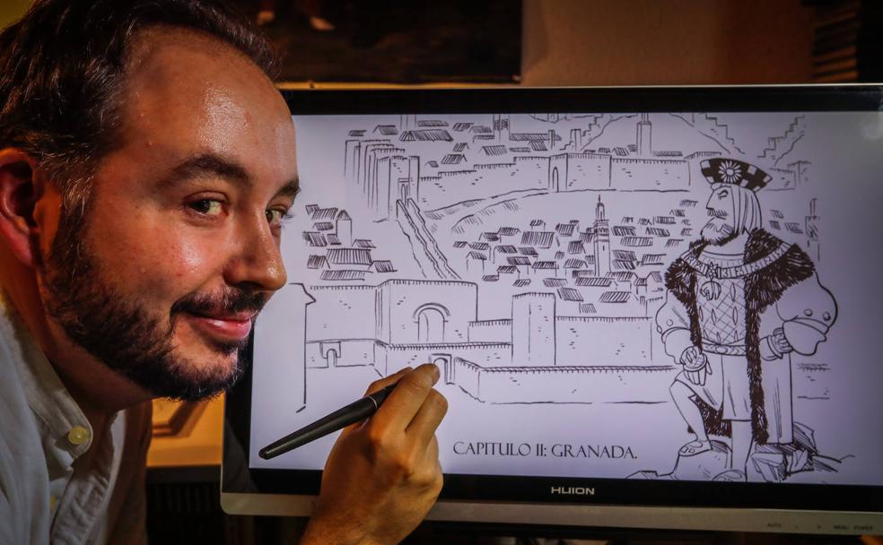 Josema Pérez, con una de las páginas del cómic Trabajo Fin de Máster de Enseñanza. 