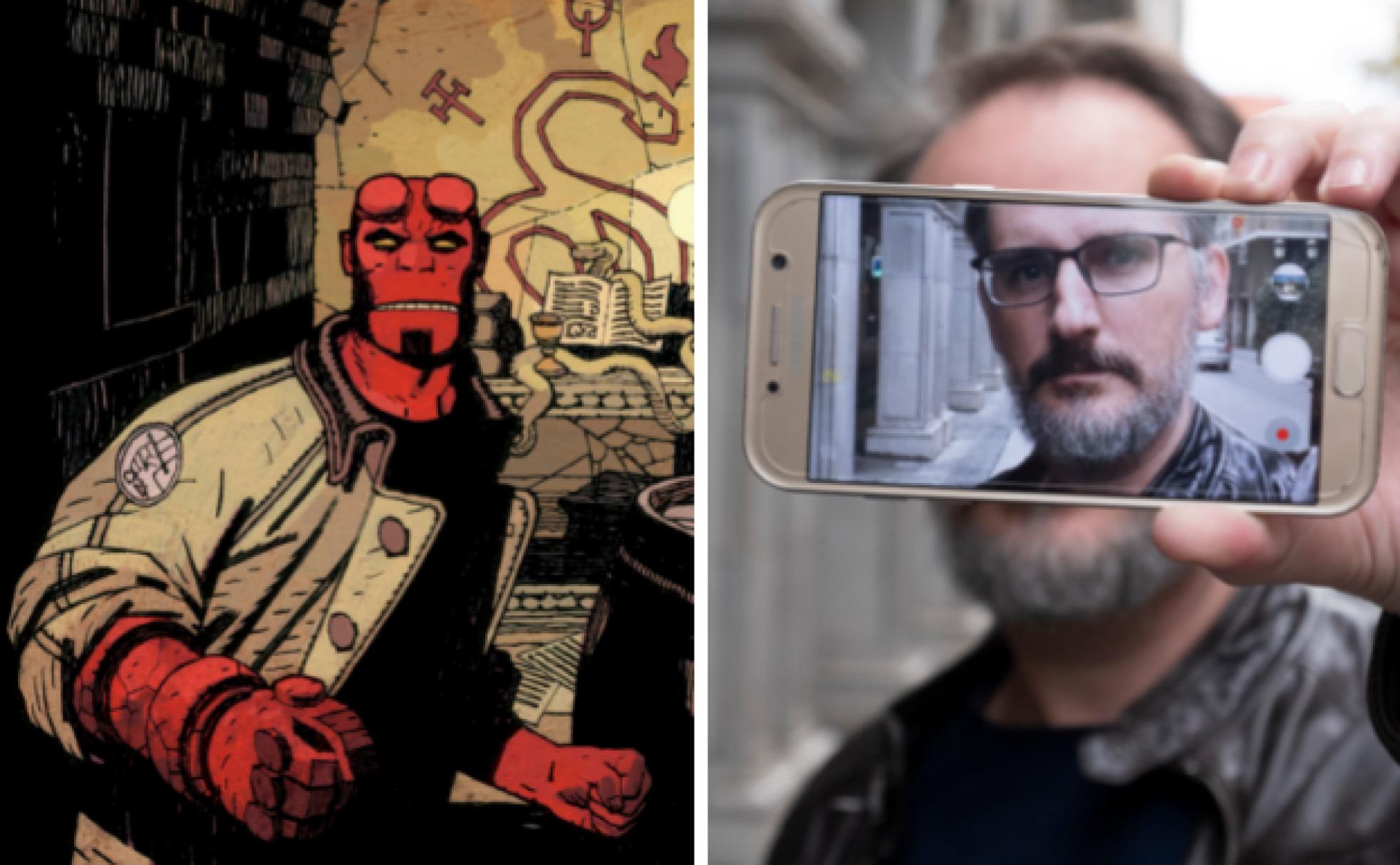 Ilustración de Hellboy por Gabriel H. Walta y retrato del dibujante granadino, durante una entrevista con IDEAL. 