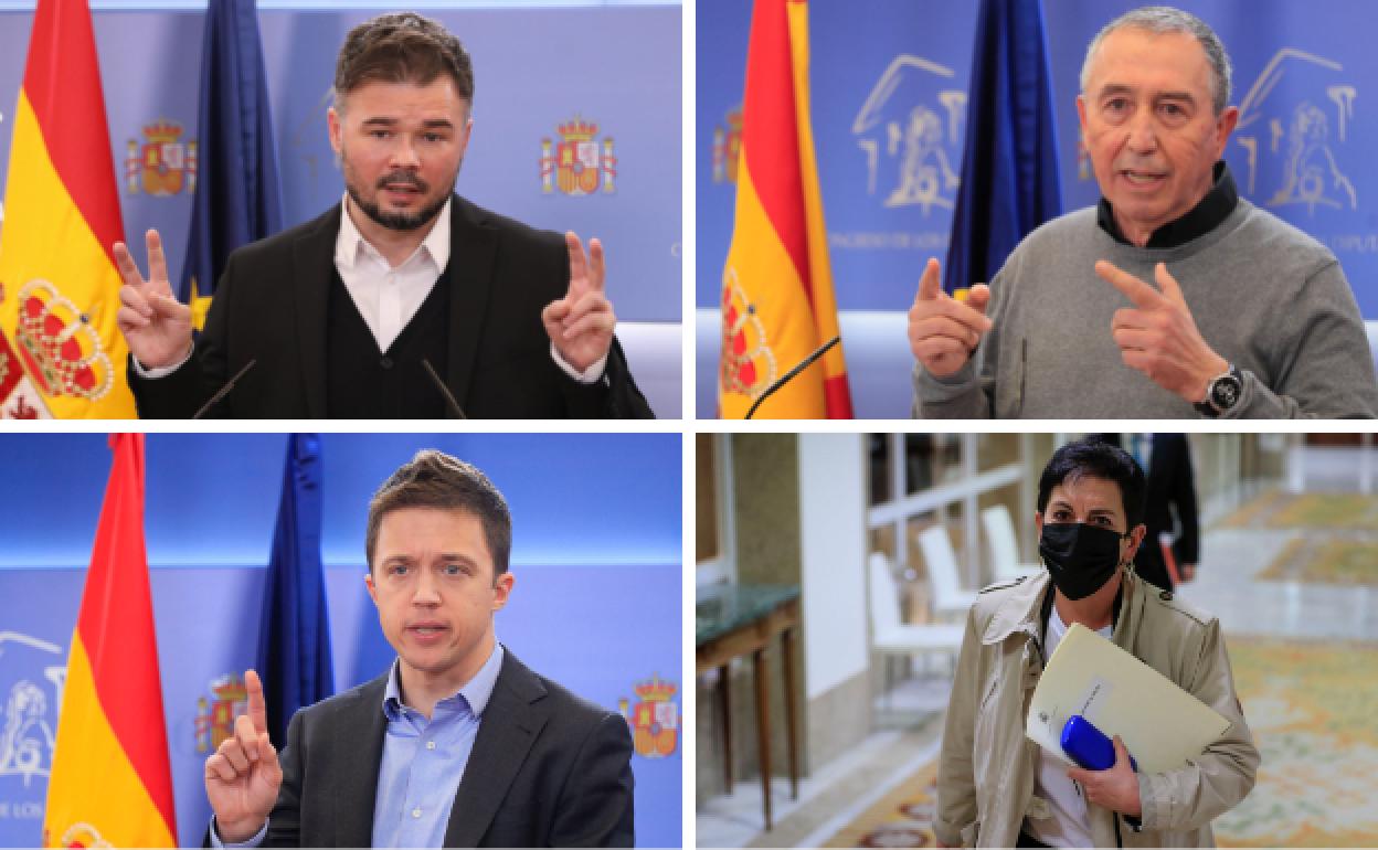 Arriba. Gabriel Rufíán (ERC) y Joan Baldoví (Compromís). Debajo. Iñigo Errejón (Más País) y Mertxe Aizpurua (EH Bildu).