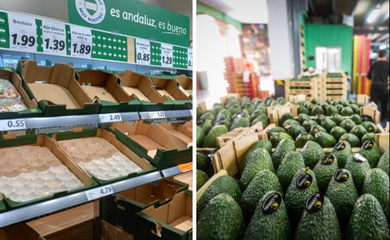 El lineal de un supermercado sin productos | Kilos de aguacates 'atrapados' en un almacén de Almuñécar.