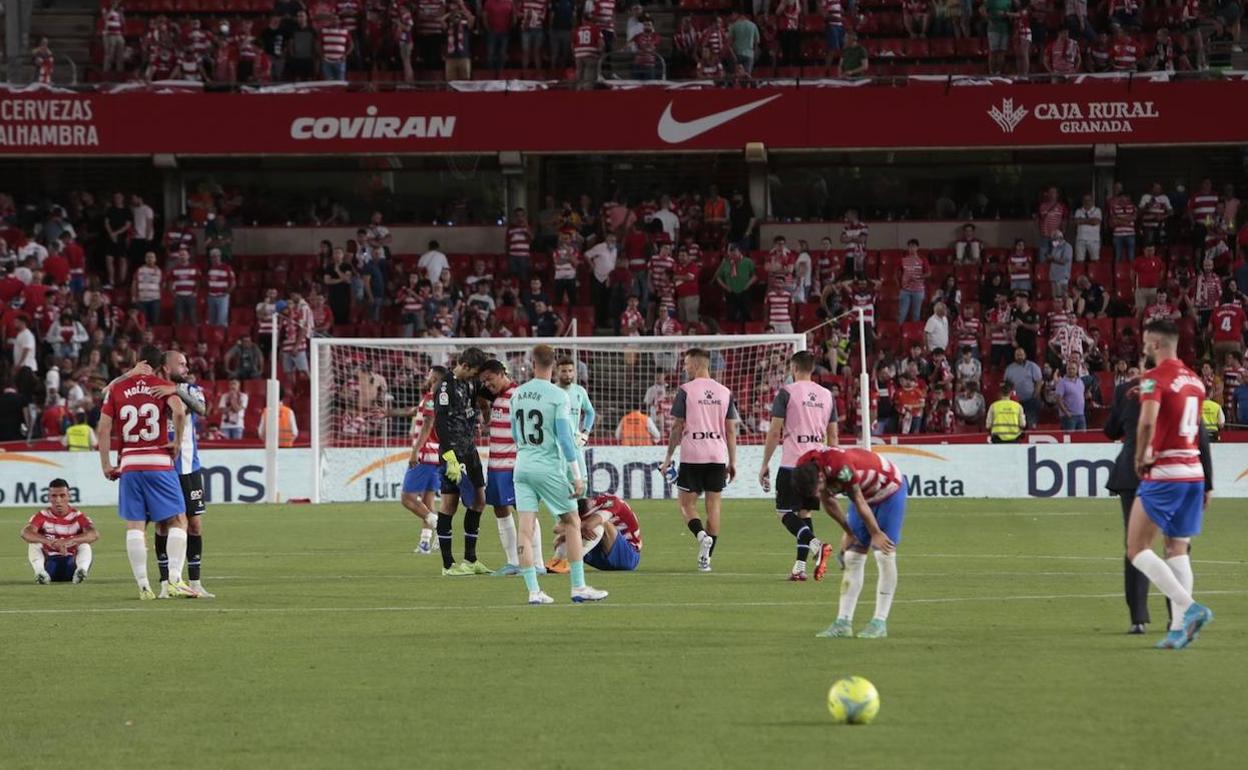 Los jugadores, aún en shock, sobre el verde del Nuevo Los Cármenes. 