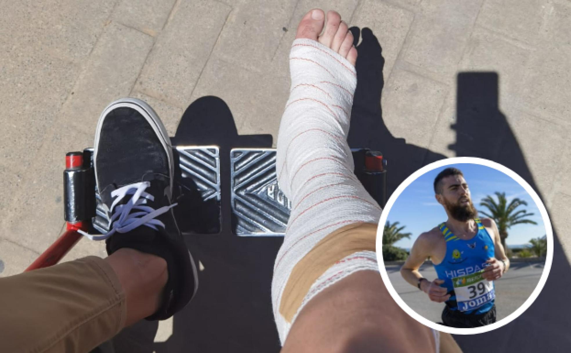 El atleta y enfermero Pablo Sánchez, con la pierna derecha vendada desde el pie y hasta la rodilla. 