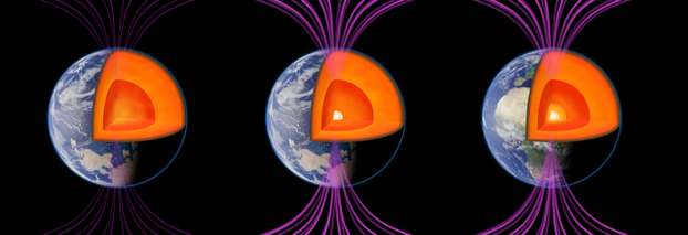 Una representación de la Tierra, primero sin un núcleo interno; segundo, con un núcleo interno que comenzó a crecer, hace unos 550 millones de años; tercero, con un núcleo interno más externo y más interno, hace unos 450 millones de años.