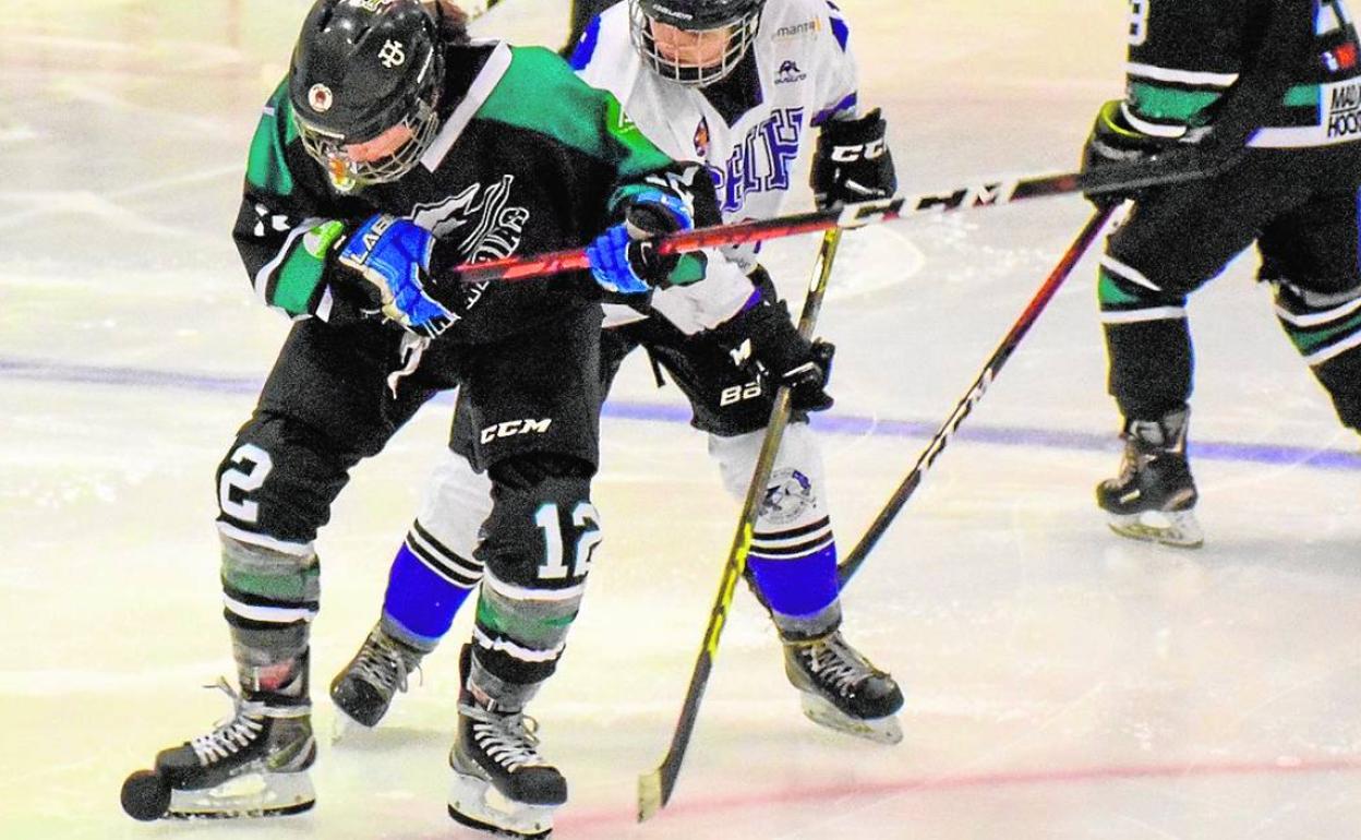 María Peral pelea el disco en el centro del campo en un partido ante el Club Hielo Huarte disputado en Granada. 