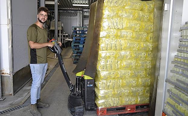 Manuel Muñoz extrae un palet de hielo. 