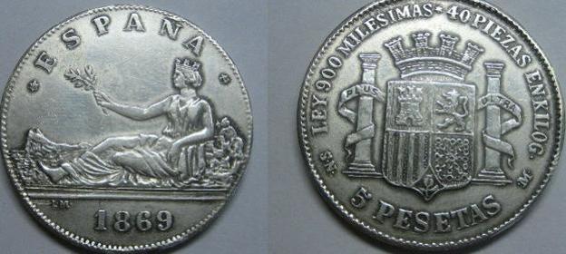 Moneda de 5 pesetas de 1869.