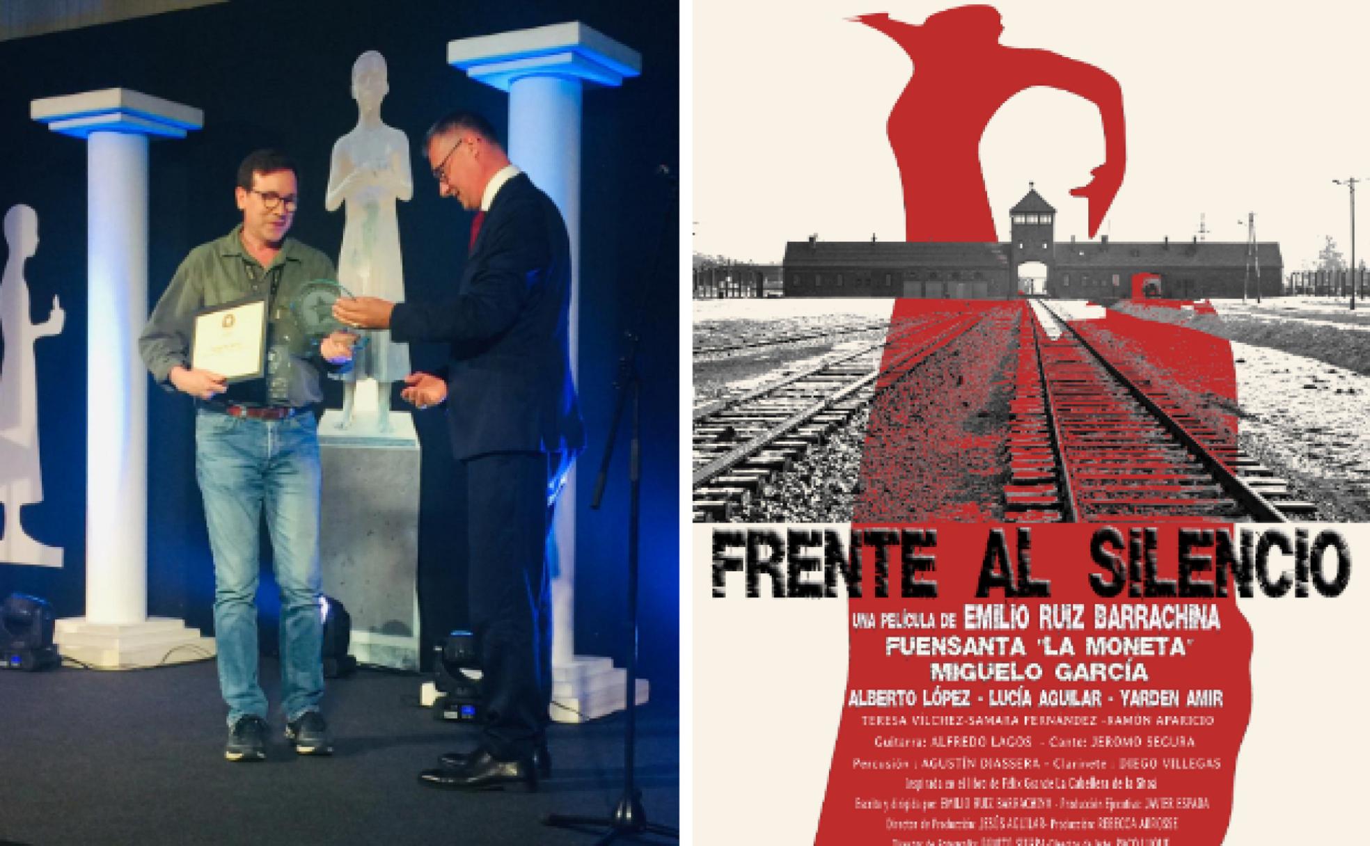 El director Emilio Barrachina recibe uno de los premios del Festival de Cine; y el cartel de 'Frente al silencio0. 