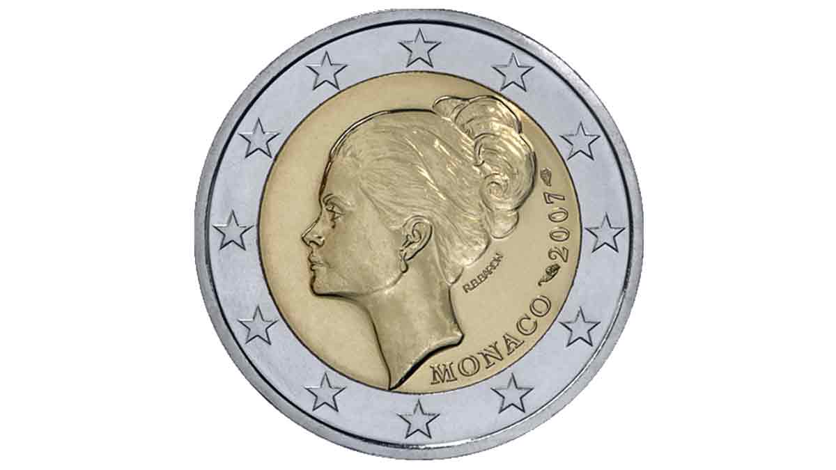 La moneda de dos euros más valiosa: Mónaco 2007 – 25 aniversario Grace Kelly. 