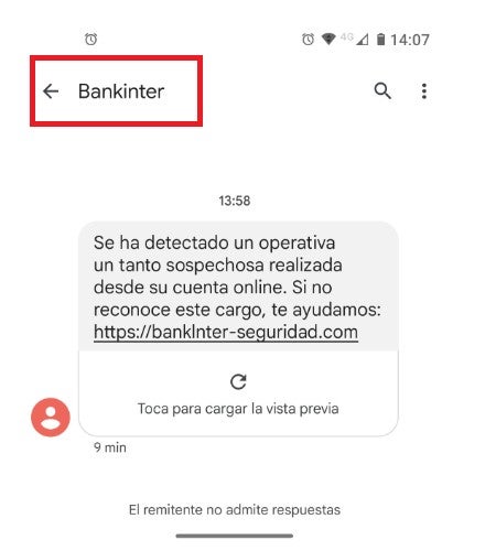 Uno de los mensajes de estafa que se mandan a clientes Bankinter. 