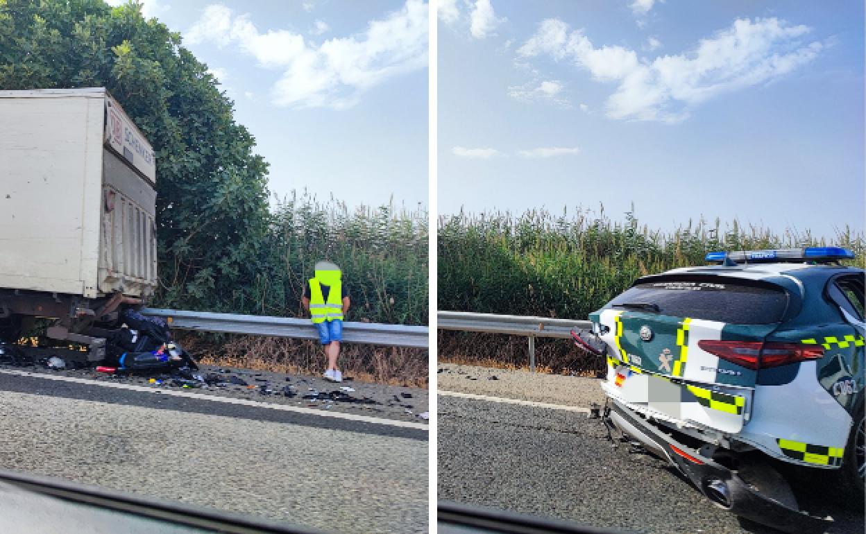 Camión y vehículo de la Guardia Civil implicados en el accidente