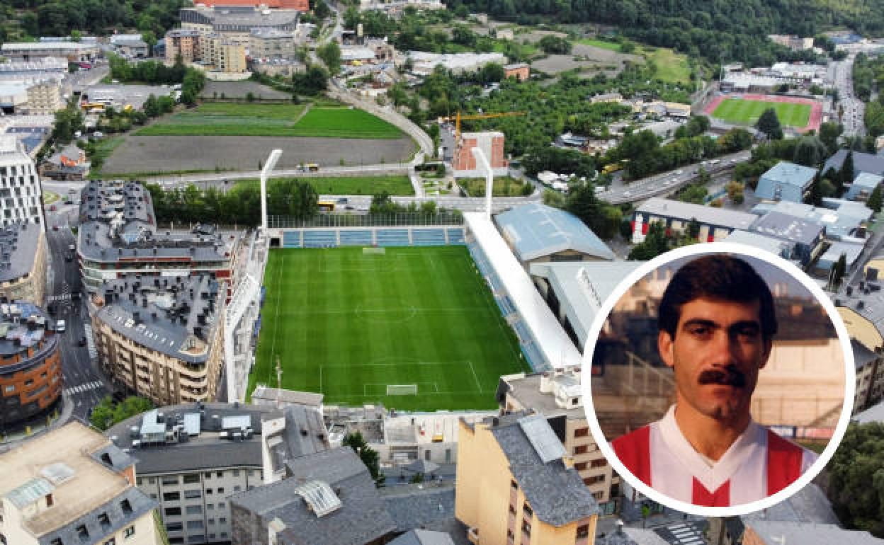 Vista aérea de Andorra. En el detalle, Lina como futbolista. 