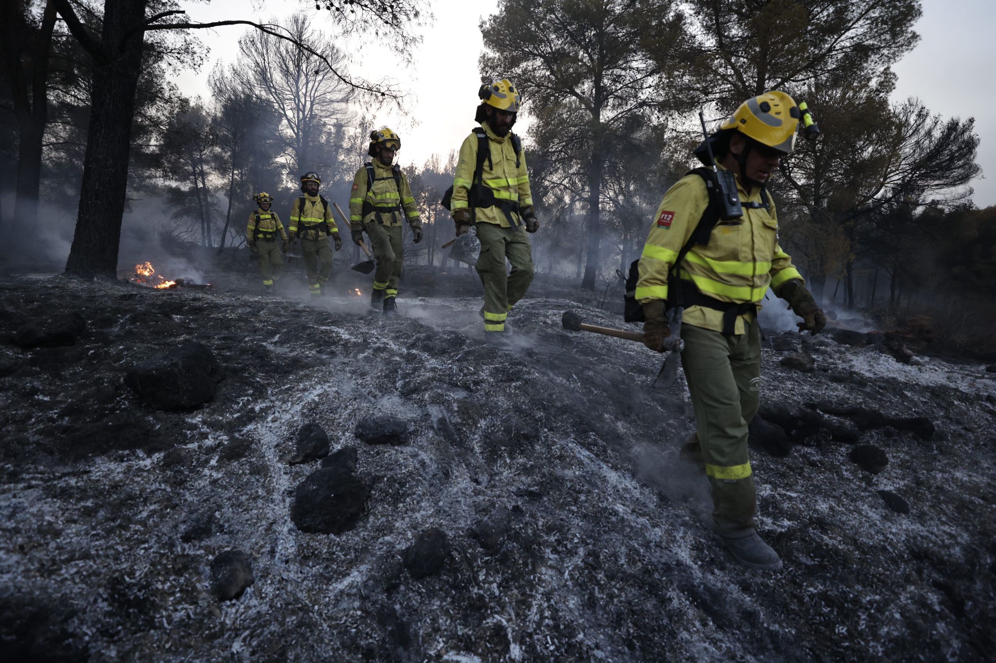 Bomberos terrestres y medios aéreos luchan contra el fuego.