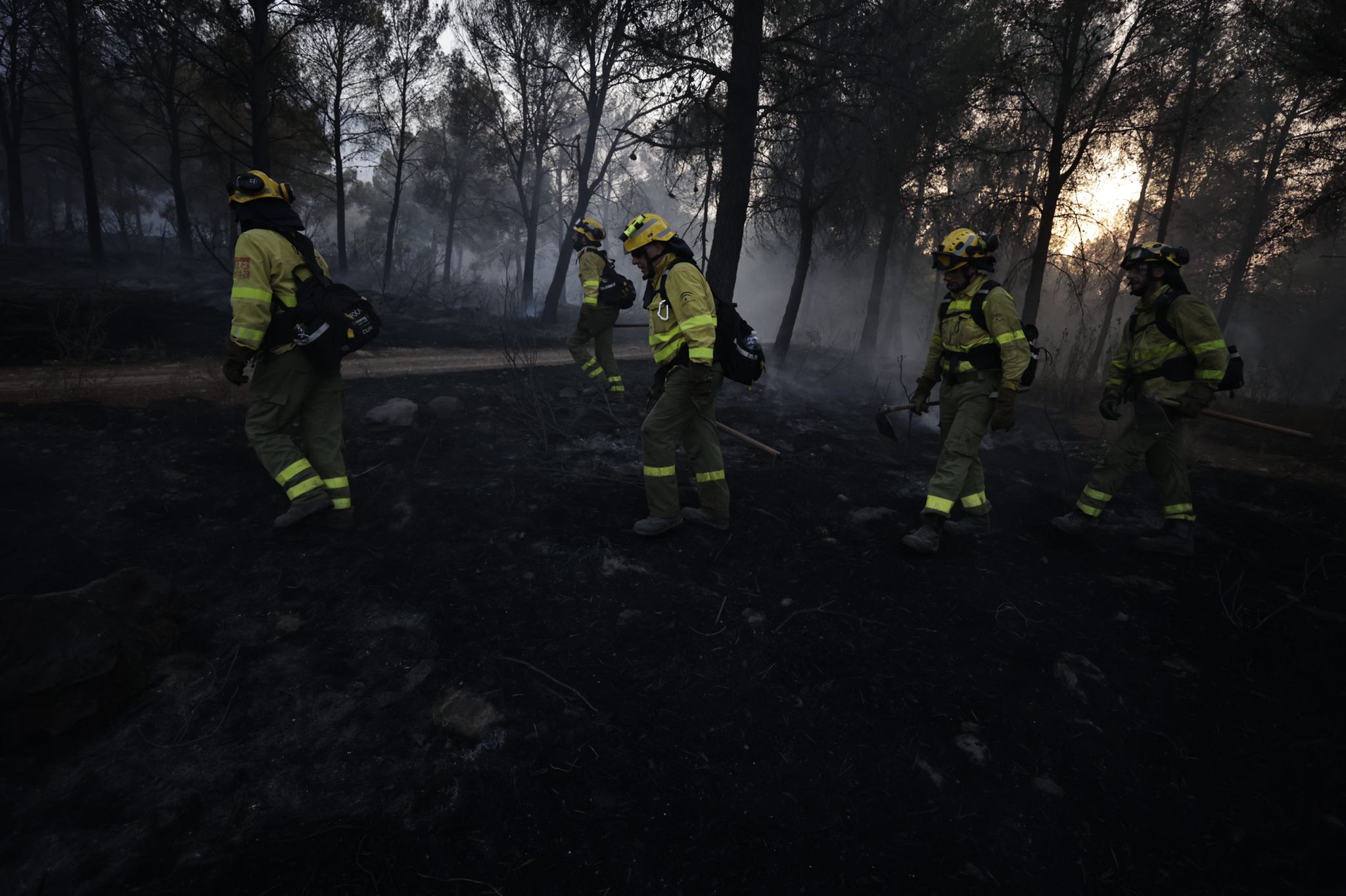 Bomberos terrestres y medios aéreos luchan contra el fuego.