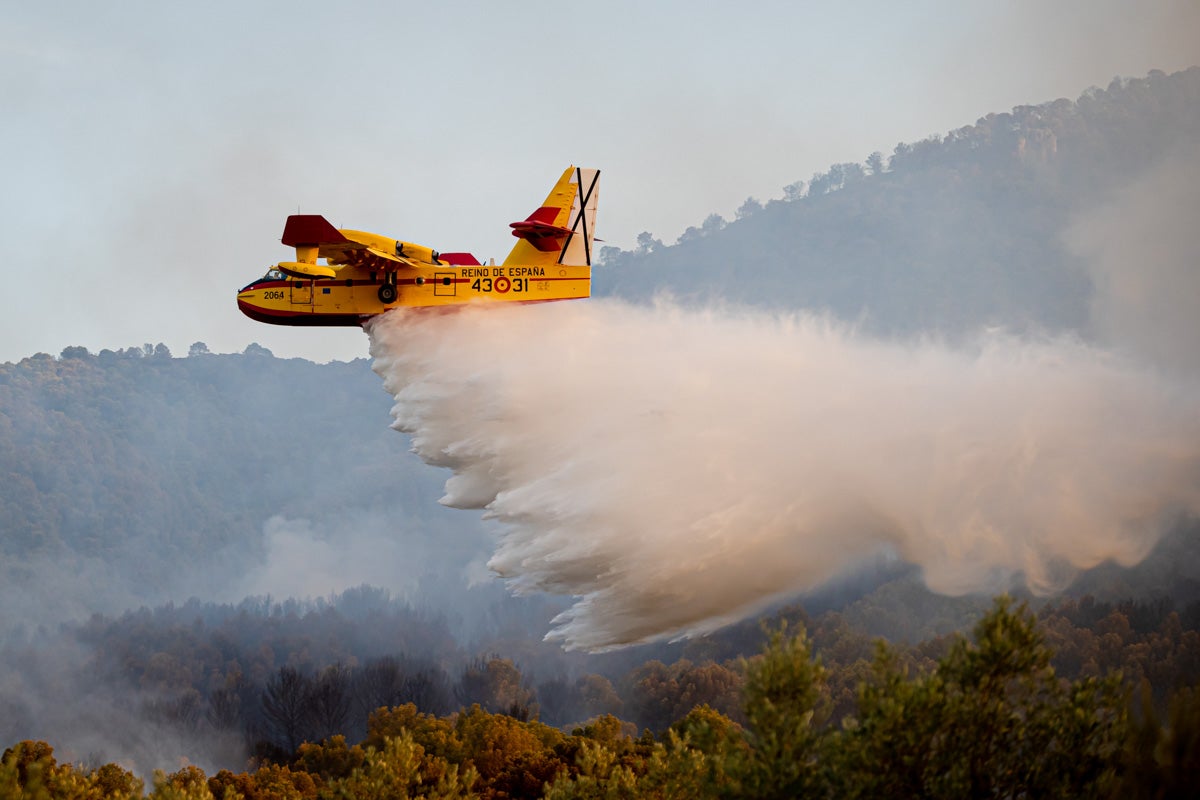 Bomberos terrestres y medios aéreos luchan contra el fuego.