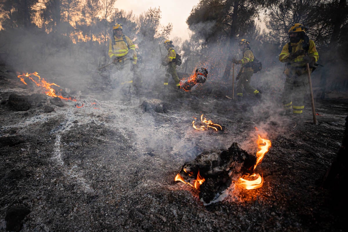 Bomberos terrestres y medios aéreos luchan contra el fuego.